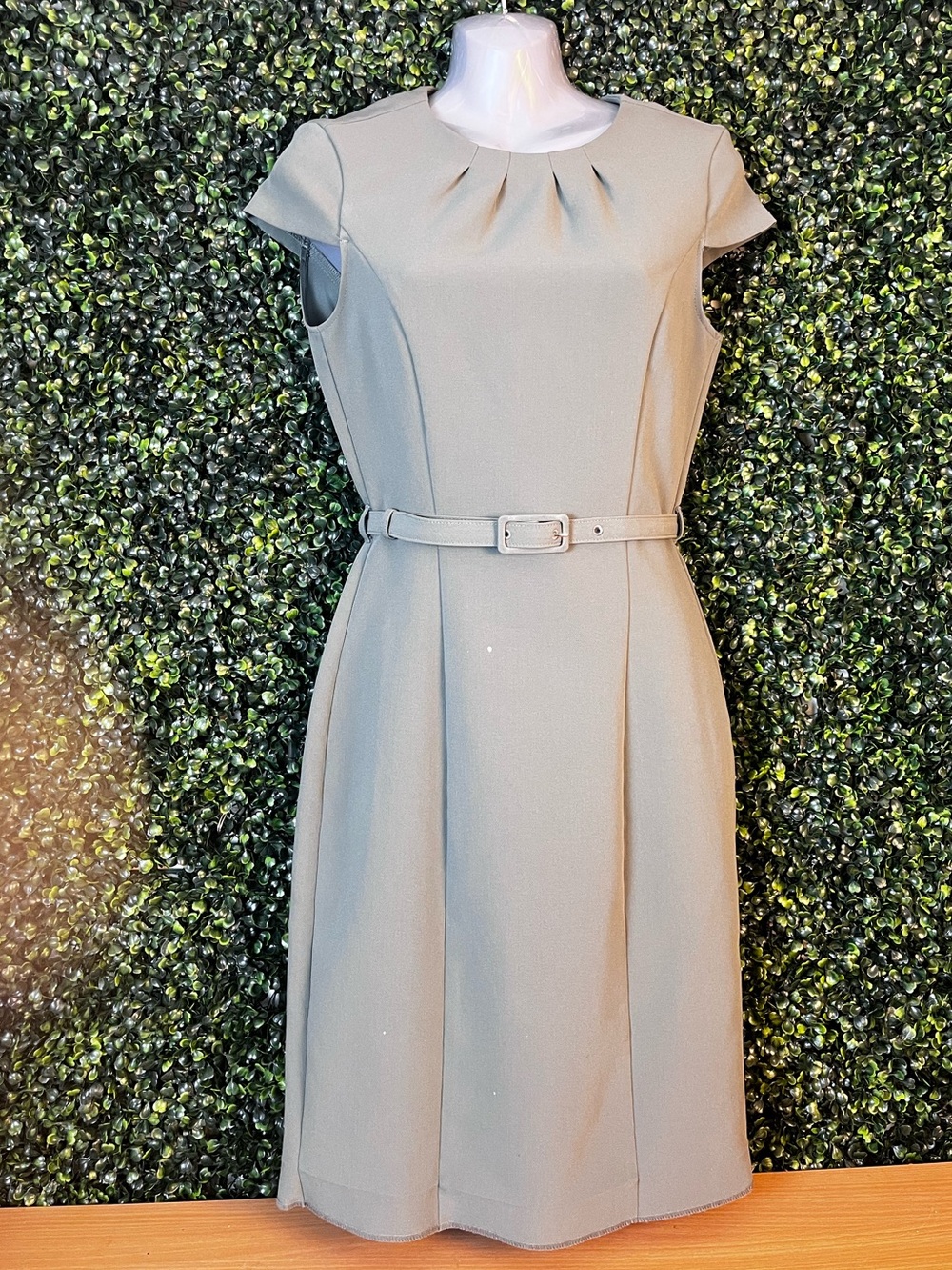 H&M Sage Green Cap-Sleeve Belted Midi Dress